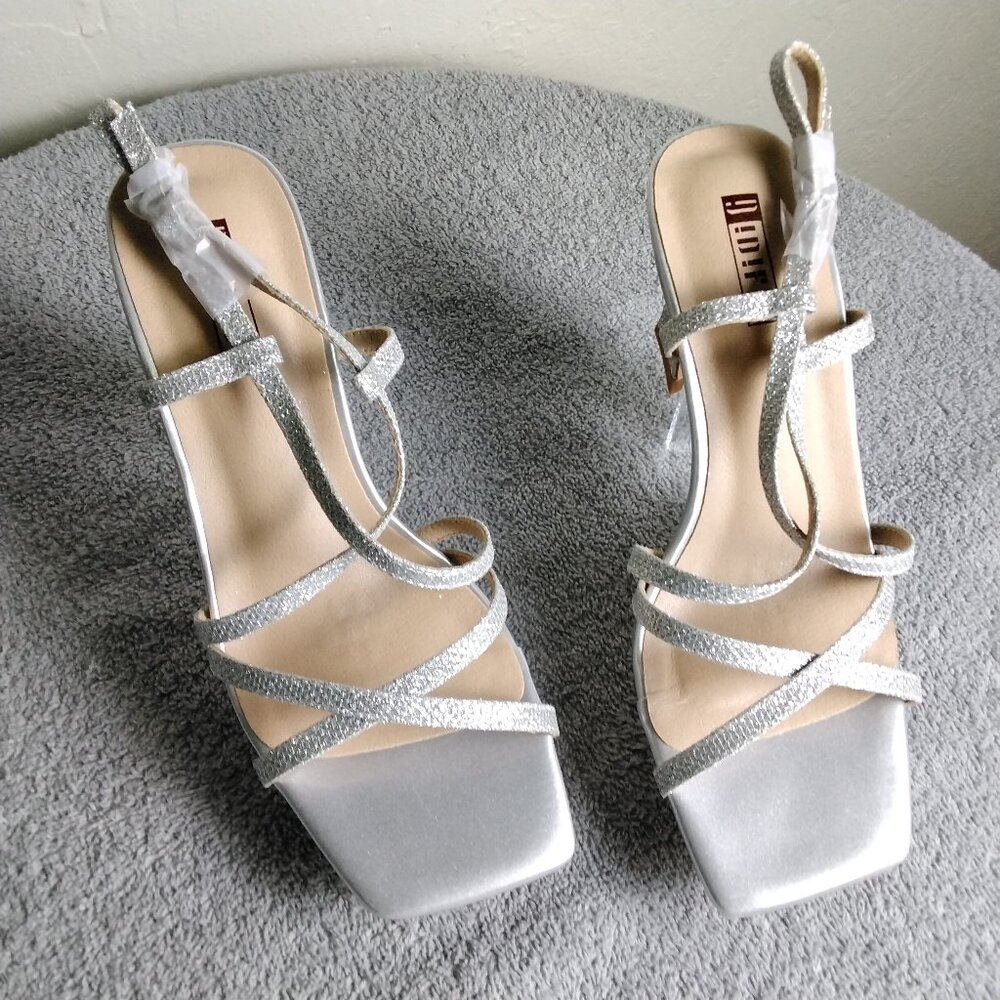 ✨ IDIFU Silver Glitter Strappy Block Heel Sandals Size 7 Slingback Sexy Dress